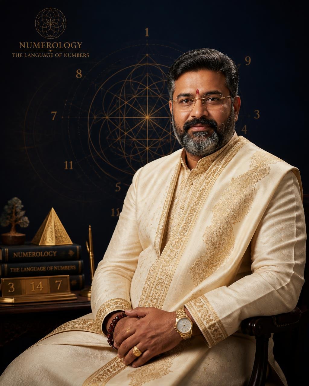 Certified numerologist seated before a golden sacred geometry backdrop